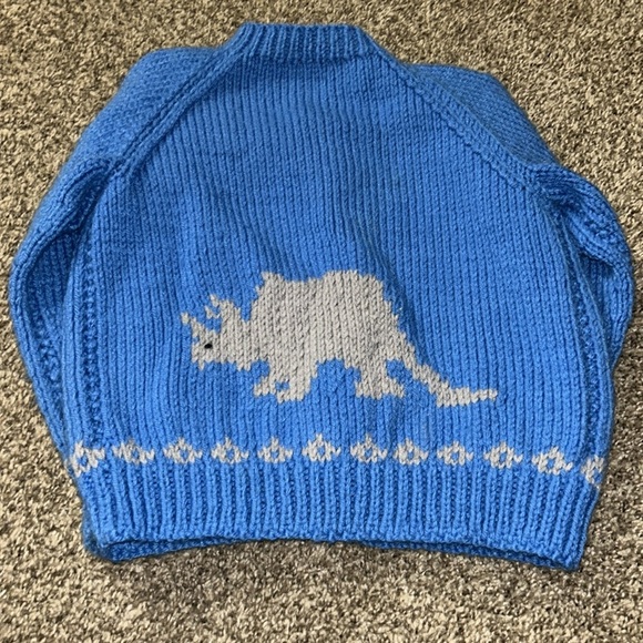Vintage Kids Hand Knitted Blue Dinosaur Sweater - Picture 2 of 2